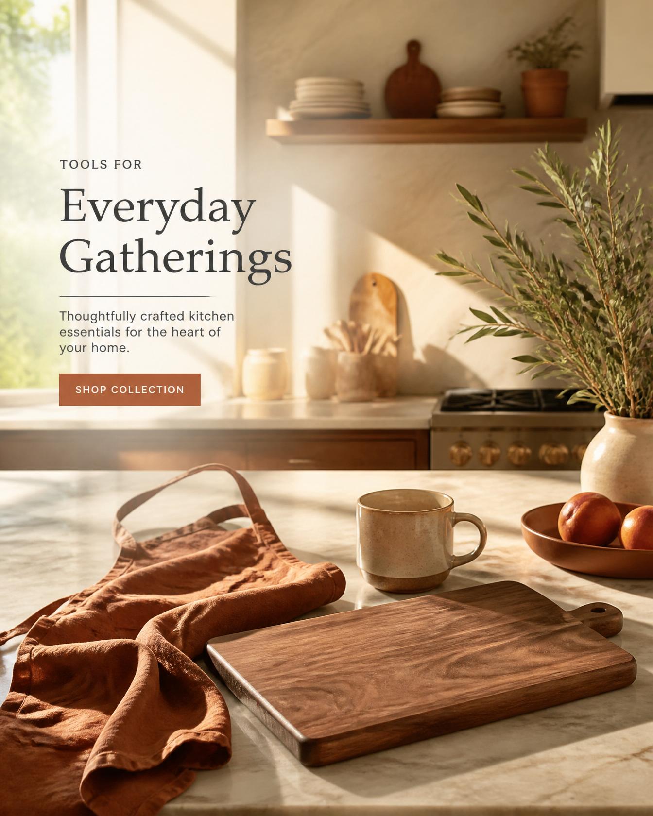 A sunlit kitchen counter with a walnut cutting board, linen apron, and ceramic mug